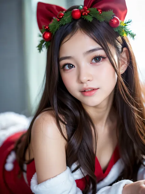 (Best-quality, Masterpiece, Ultra-High-Resolution, (Photorealistic:1.4), Raw Photo, depth of field, professional lighting, perfect anatomy, extremely details), 1girl, ((15-years-old)), ((most famous Japanese-idol)), ((having fun at christmas- party)) ((ext...