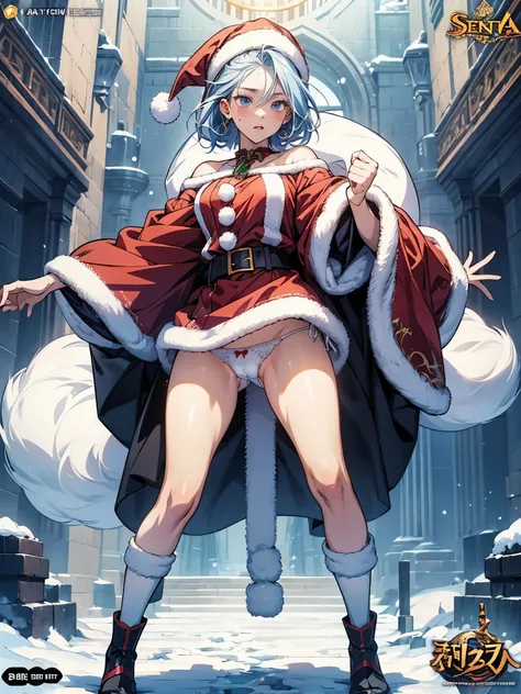 anime - style illustration of a woman in a see-through Santa costume, white panties, fantasy RPG video game character, official character art, full body, female action anime girl, sex Posing:1.5, cameltoe:1.7, (gleaming skin, oily skin, shiny skin, sweat:1...