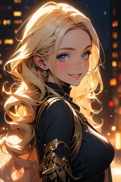 a portrait of a beautiful woman, long curly hair, dark blue eyes, smiling, brown skin, city background, soft lighting, very detailed, in Ayami Kojima style anime