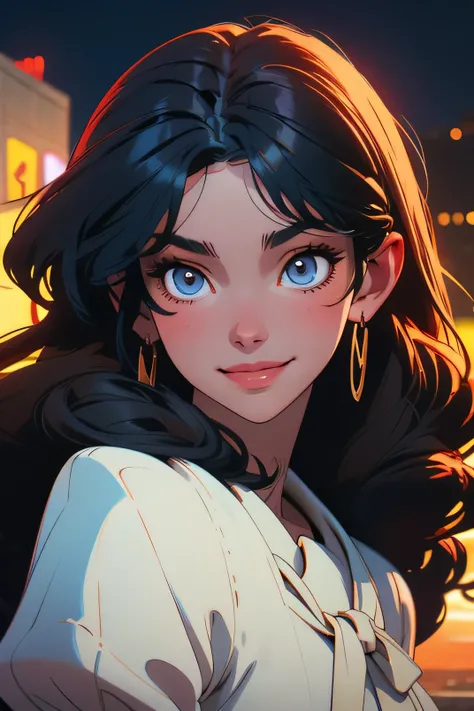 a portrait of a beautiful woman, long curly black hair, dark blue eyes, smiling, brown skin, city background, soft lighting, very detailed, in Ayami Kojima style anime