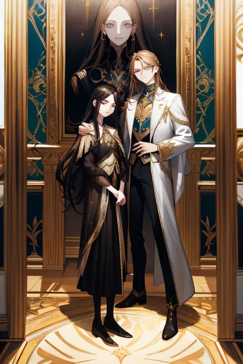 (absurd, high resolution, ultra detailed), When I noticed a painting on the wall.
It was a portrait of my family.
Zephyr stood beside. Valendrya. Her Dark hair and golden eyes highly resembled me. 
I stood in front of her With Valsendrake and Icarus standi...