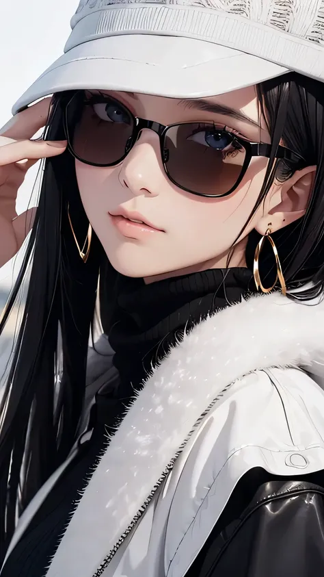 masterpicece, best quaility, winter, girl, cold expression, black hair, wearing black sunglasse, Wearing long cross earrings, Only the upper body appears, close - up, street, Clear picture quality, 4k picture quality