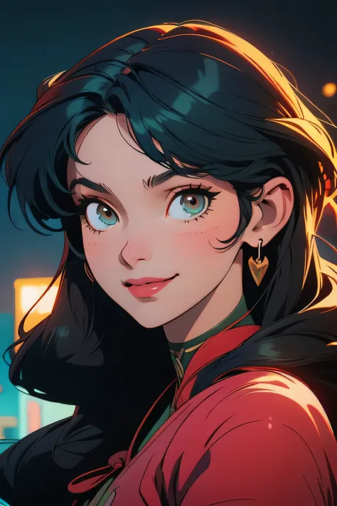 a portrait of a beautiful woman, long curly black hair, dark green eyes, smiling, brown skin, city background, soft lighting, very detailed, in Ayami Kojima style anime