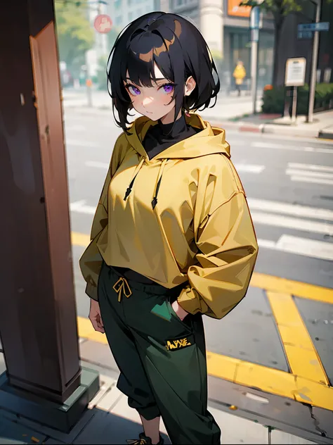 1female , Messy Black Hair , Purple Eyes , Somber Expression , Detailed Background , Perfect Generation, Standing on sidewalk , Cropped Black, Green , And Gold Hoodie , Baggy Pants , Fitted Undershirt , Ninja Mask 