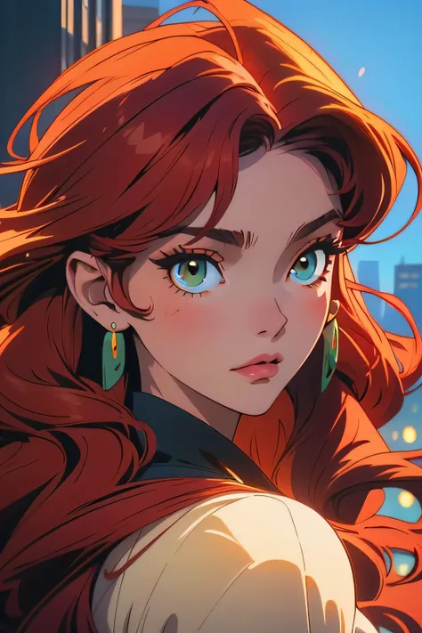 a portrait of a beautiful woman, long curly red hair, dark green eyes, brown skin, city background, soft lighting, very detailed, vibrant colors, in Ayami Kojima style anime