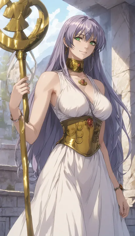 score_9, score_8_ up, score_7_ up, score_6_ up,  source_ One girl ,  standing,  white skin, final,  seductive smile, Front View,  Watch viewers,  excited,  1 girl, Sasha,  green eyes, Purple Hair,  long hair,  Big Breasts ,  clevis on a stone, white  dress...