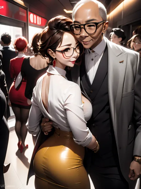 beautiful woman wearing a revealing skirt suit, her elderly husband hugged and kissed her from behind in the crowded crowd, UHD, masterpiece, textured skin, super detail, best quality, 8k.