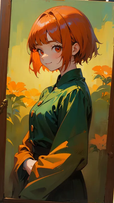  1 girl、One person、impression、(Oil painting)、Green and orange tones、 orange hair、 dull bangs、 short hair、Round red eyes、 One Piece、 Long Sleeve 、smile、 from the side、 upper body closeup 