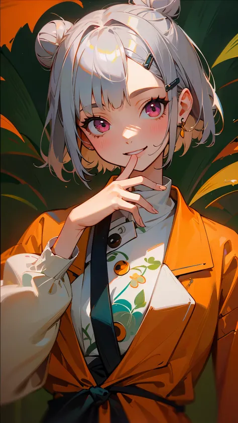  1 girl、One person、impression、(Oil painting)、Green and orange tones、Im tied to a bun with short silver hair and bob hair 、 hair clips、 pink eyes、 One Piece、 Long Sleeve 、smile、 upper body closeup 