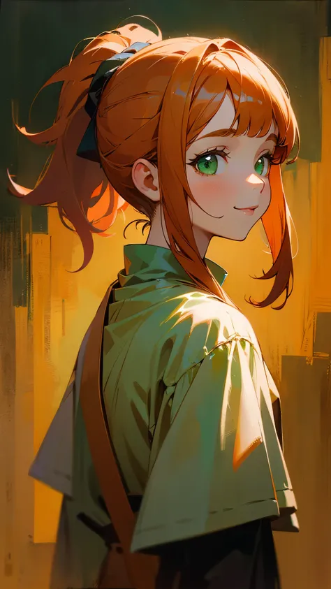  1 girl、One person、impression、(Oil painting)、Green and orange tones、 orange hair、 dull bangs、 ponytail、、Green eyes、 One Piece、 Long Sleeve 、smile、 from the side、 upper body closeup 