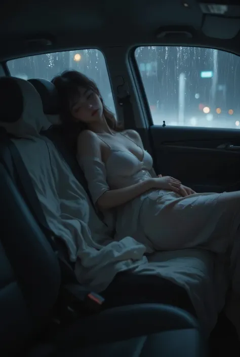 a beautiful woman sleeping ,Breast size 45 , big ass ,wearing nightgown outfit , to fall asleep in a dark car ,using a blanket , looks dark rain from car glass window, on a dim light night ,4k,detail