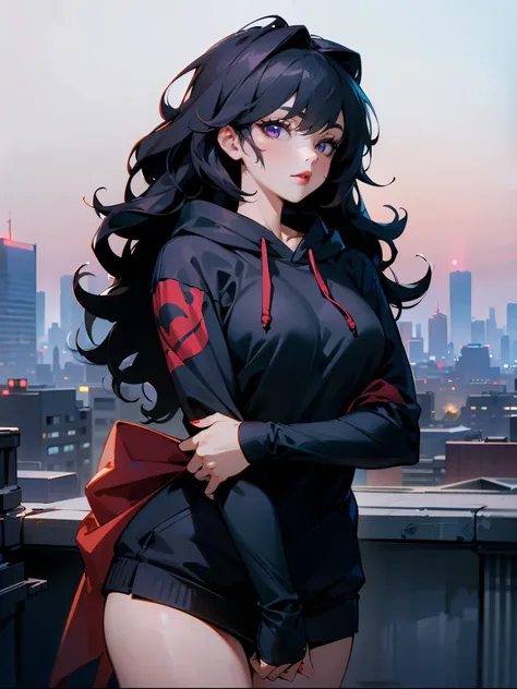 1female , Messy Wavy Black Hair , Purple Eyes , Red Lipstick, Calm Expression , Detailed Background ,Full Arm-Sleeve Tattoos, Standing on rooftop, Night time , Ninja Clothing , Black One Sleeve fitted Hoodie , Black Mask