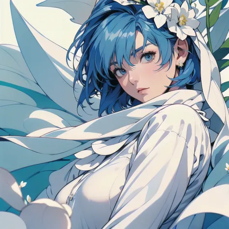 (((trigun)))、Persona、Beautiful woman, Upper Body、Model Pose、mysterious、Small breasts、Short sleeve、(((blue hair))),Lots of flowers、Angel、(((Wear a white cloth on your head)))、detailed hair, (((White flower)))、Fluffy cloth、Big white ribbon