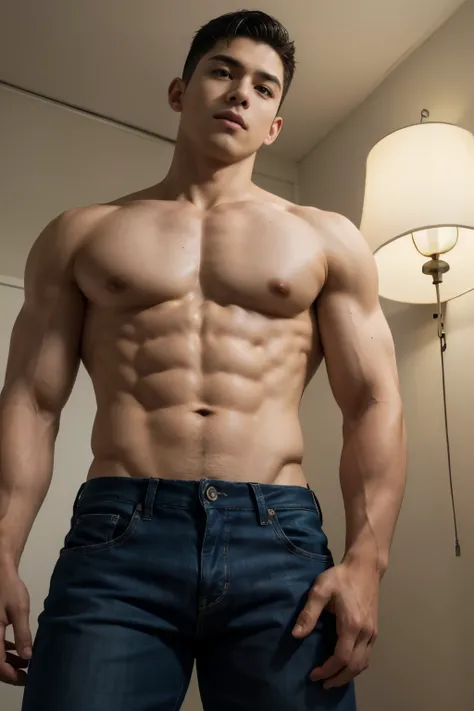 A young Latin man with pale, detailed skin, shirtless, with a lean and moderately toned physique. His body exhibits natural muscle definition, particularly in the arms and chest, reflecting strength without excessive bulk. Subtle veins and slight imperfect...