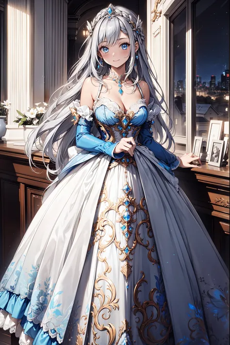   girl ，obsessed，  Have Fun  ，in love，( western magic white dress)， Silver Hair，  blue eyes， Translucent clothing，Exquisite hair accessories，  transparent lace  ，Sky blue pattern，night，  Exquisite Outfits ，bedroom，  unique  ，night， carved suspenders ，  Del...