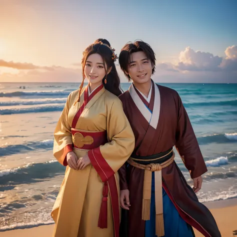 High-definition depiction, anime style, 8k resolution, Unity wide shot, beautiful and clearly painted. Three Kingdoms, A man and woman dressed in Han clothing stand on a beach, smiling at us.