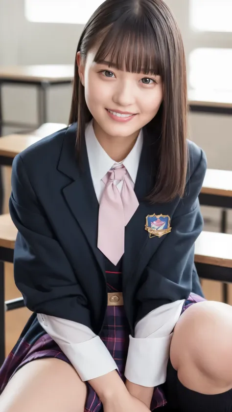 (Highest quality, 4K, 8k, High resolution, masterpiece, Genuine, Realistic, Realistic:1.3), (upper body), Girl sitting on the school desk in classroom, blue neckerchief Uniform, Dark Blown Blazer, blown plaid skirt, Gal Makeup, wearing oversize dark sweate...