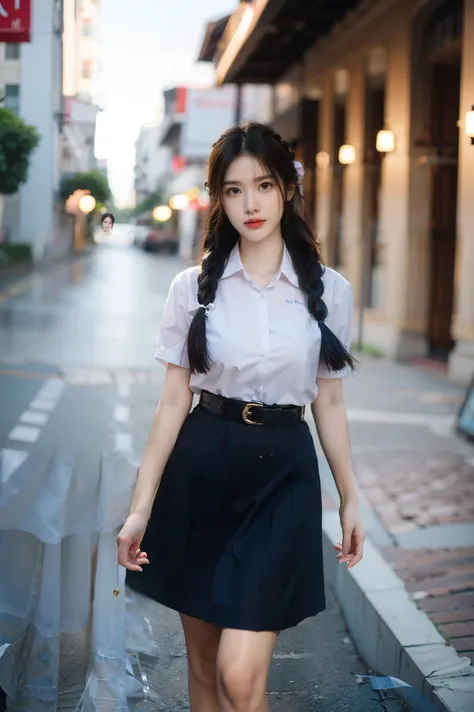 cute thai girl without bang, solo, dollies eye, long hair, blue skirt, white shirt,black hair, ribbon, braid hair, belt, right hand, left hand, photo background ,high_resolution ,excellent, performance and top quality, hyper_detail ,8k,Realism, large breas...