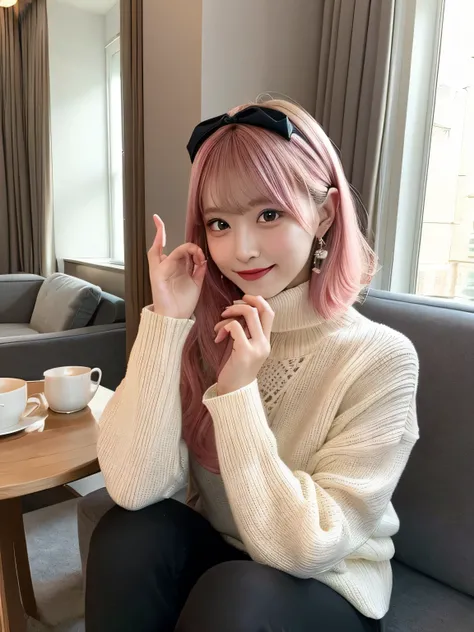 A beautiful anime-style girl with medium, straight pink hair as the central feature, paired with fair skin. Her pink hair is vibrant and glossy, styled elegantly to emphasize her youthful and charming look. She has beautifully detailed eyes, dark eyeliner,...