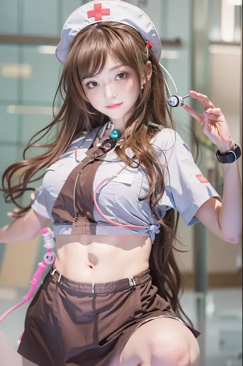 ( Top Quality 、masterpiece、 movie lights、)、 Japanese beautys sins 、 short shiny reddish brown hair 、Hairpin、 messy hair 、Fluttering 、 pretty face 、Laziness、Squat、(Nurse、 白色Nurse 、Nurse hat、 wrap a stethoscope around your neck、)、 beautiful smooth breasts 、 ...