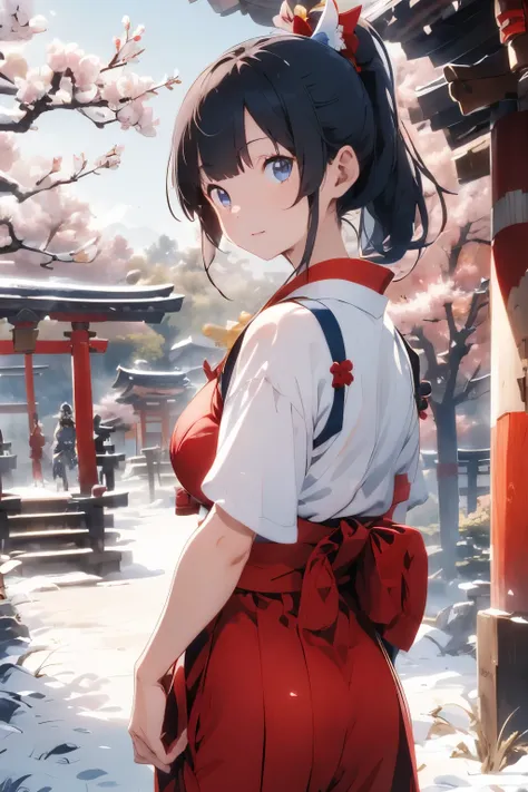 ((Top Quality)), ((Excellent)), (Details), ((Japanese)), ((Young Girl)), Outdoors, ((Shrine Maiden)), ((Cowboy Shot)), ((Red Hakama)), (Dawn), Stunning Setting, Sunny Weather, Snow Scene, Black Hair, Shiny Hair, Straight Hair, Red Hair Clip, Low Ponytail, ...