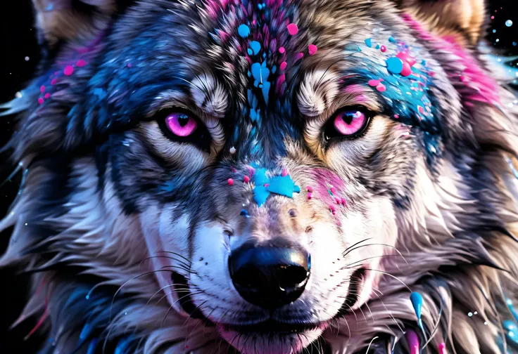 a close up of a wolf with a pink and blue paint splatter, fantasy wolf portrait, wolf head, alpha wolf head, wolf portrait, portrait of a wolf head, wolf, portrait of a wolf, angiewolf, Rendered in high resolution, great wolf,  を着たゴータマ・ブッダ・チャイルド, wolf, hal...