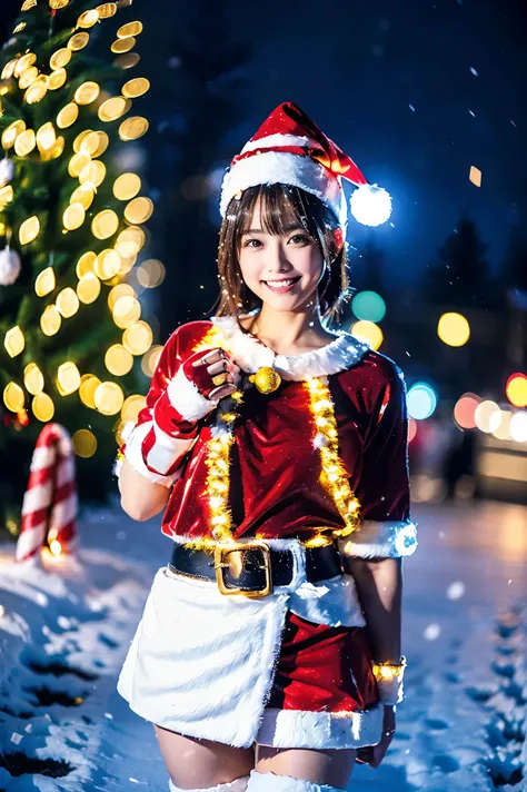  cute face like an 18-year-old idol　 smiles gently　Whole body　((( cute miniskirt Santa costume)))　(( beautiful Christmas tree)) ((Beautiful Christmas lights )) ((Snowy Night Town )) 　live-action　live-actionと見分けが出来ない品質　High Artistic Quality　 RAW photos 　Gen...