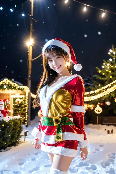  cute face like an 18-year-old idol　 smiles gently　Whole body　((( cute miniskirt Santa costume)))　(( beautiful Christmas tree)) ((Beautiful Christmas lights )) ((Snowy Night Town )) 　live-action　live-actionと見分けが出来ない品質　High Artistic Quality　 RAW photos 　Gen...