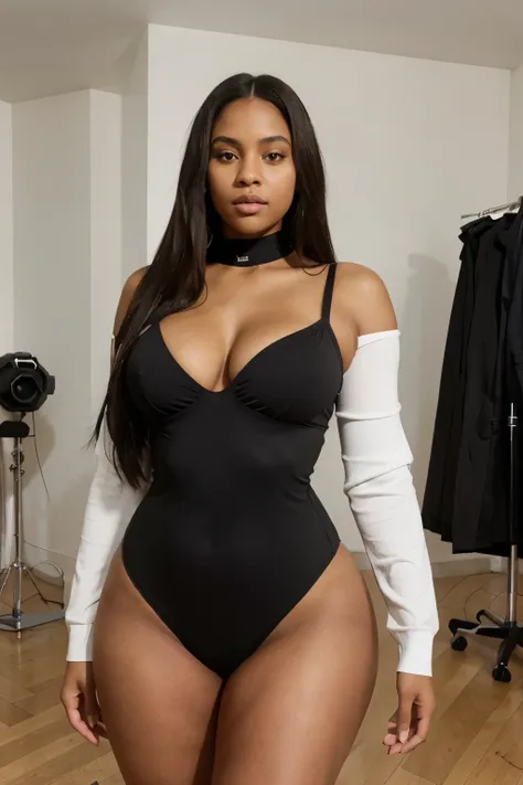 Mixed black ethnicity ((curvy girls ))) Long straight hair  Create a stunning tanned,Instagram influencer with a curvacious body and wide hips and thick thighs, with long straight brunette hair, doing a fashion shoot for Prada, wearing a high neck leotard,...