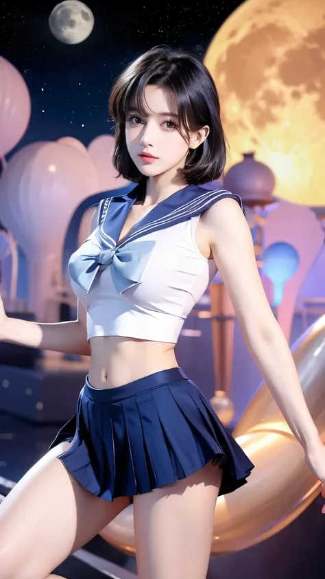 Super tight sailor uniform, pleated super mini skirt, slender body, cleavage, beautiful thighs, dynamic poses, big moon in the middle of the night,