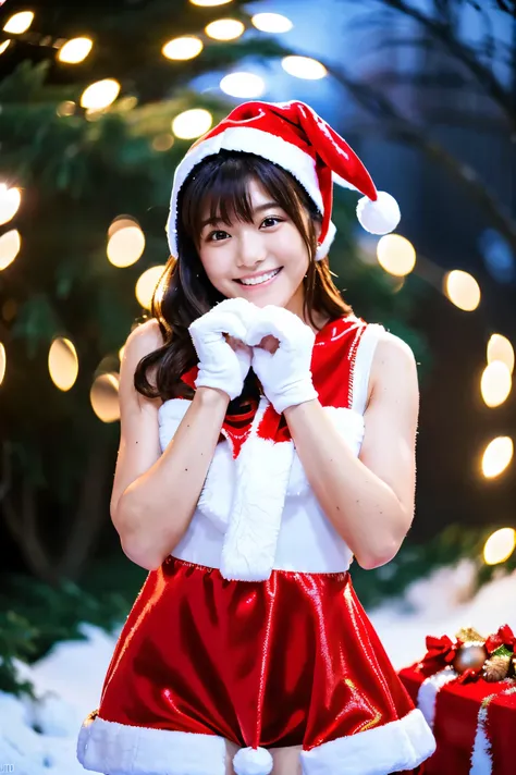  cute face like an 18-year-old idol　 smiles gently　Whole body　((( Cute Miniskirt Red Santa Costume)))　(( beautiful Christmas tree)) ((Beautiful Christmas lights )) ((Romantic Snowy Night Town )) 　live-action　live-actionと見分けが出来ない品質　High Artistic Quality　 RA...