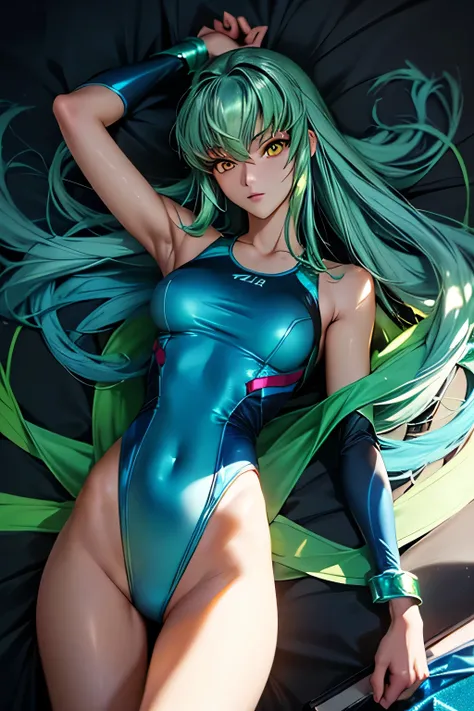  perfect anatomy　 top quality ,  highest resolution,(((blue competitive swimsuit with metallic luster　 shiny green hair 　 Yellow Eyes)))　c.c　cool