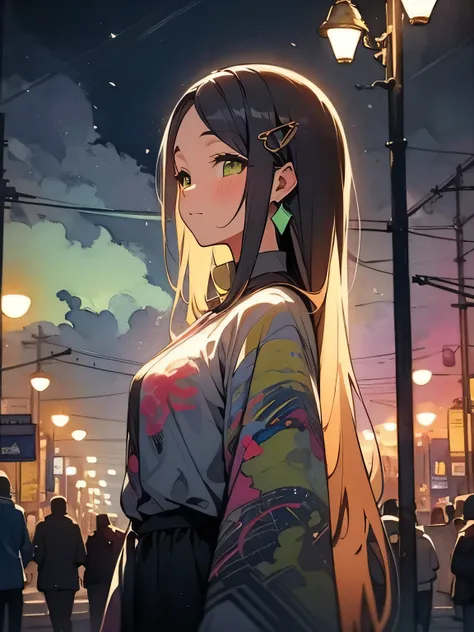 undersideview,Alone, upperbody ,(closed up face),dark stalker,black thin shiny straight hair,forehead,green eyes,eye lash,confident,sexy night girl dress,Prostitute、Take a walk on the street at night,Street lamp、 Night Park,like a painting, watercolor pain...