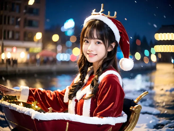  Santa with a cute face like an 18-year-old idol　 smiles gently　Whole body　(((Very cute Miss Santa costume )))　Falling snow　Night City　(( ride a gorgeous sleigh drawn by a reindeer which is indistinguishable from live action))　live-action　live-actionと見分けが付...