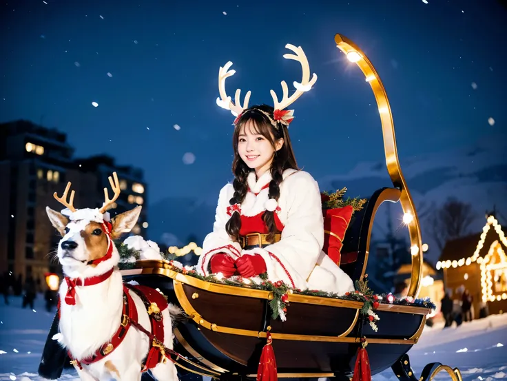  Santa with a cute face like an 18-year-old idol　 smiles gently　Whole body　(((Very cute Miss Santa costume )))　Falling snow　Night City　(( ride a gorgeous sleigh drawn by a reindeer which is indistinguishable from live action))　live-action　live-actionと見分けが付...