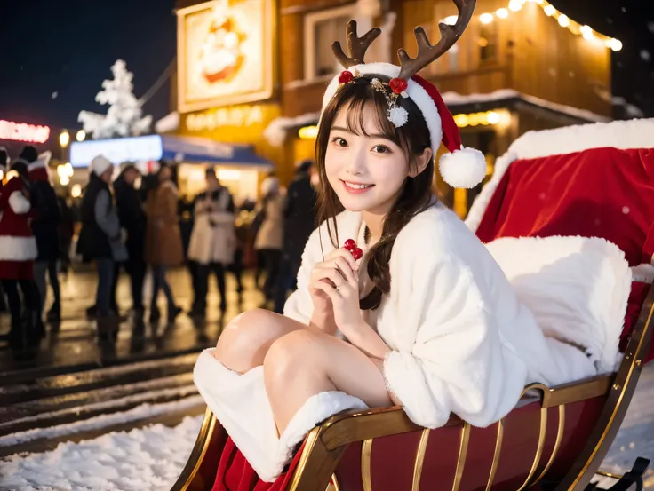  Santa with a cute face like an 18-year-old idol　 smiles gently　Whole body　(((Very cute Miss Santa costume )))　Falling snow　Night City　(( ride a gorgeous sleigh drawn by a reindeer which is indistinguishable from live action))　live-action　live-actionと見分けが付...