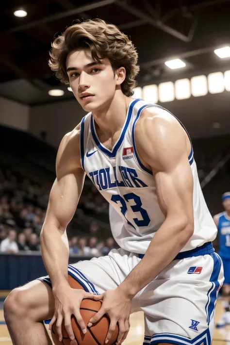 ((best quality)), ((masterpiece)), (detailed), A 17-year-old looking boy, fair skin , wavy brown hair , athletic and masculine physique , basketball player