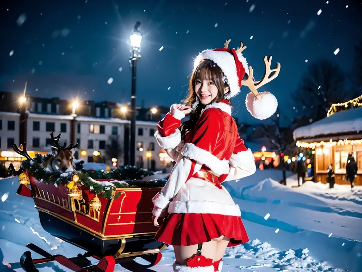  Santa with a cute face like an 18-year-old idol　 smiles gently　Whole body　((( super cute miniskirt Santa costume)))　Falling snow　Big city at night　((Ride a gorgeous sleigh drawn by a reindeer ))　live-action　live-actionと見分けが付かない高品質　High Artistic Quality　 r...