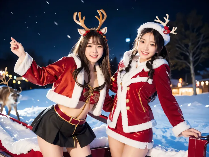  Santa with a cute face like an 18-year-old idol　 smiles gently　Whole body　((( super cute miniskirt Santa costume)))　Falling snow　Big city at night　((Ride a gorgeous sleigh drawn by a reindeer ))　live-action　live-actionと見分けが付かない高品質　High Artistic Quality　 r...