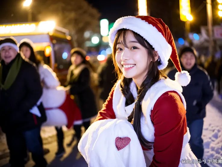  Santa with a cute face like an 18-year-old idol　 smiles gently　Whole body　((( super cute miniskirt Santa costume)))　Falling snow　Big city at night　((Ride a gorgeous sleigh drawn by a reindeer ))　live-action　live-actionと見分けが付かない高品質　High Artistic Quality　 r...