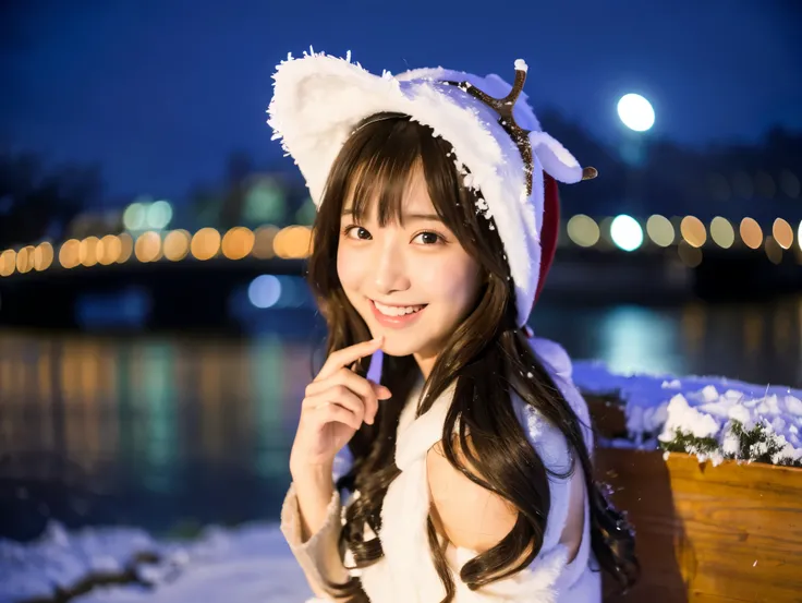  Santa with a cute face like an 18-year-old idol　 smiles gently　Whole body　((( super cute miniskirt Santa costume)))　Falling snow　Big city at night　((Ride a gorgeous sleigh drawn by a reindeer ))　live-action　live-actionと見分けが付かない高品質　High Artistic Quality　 r...