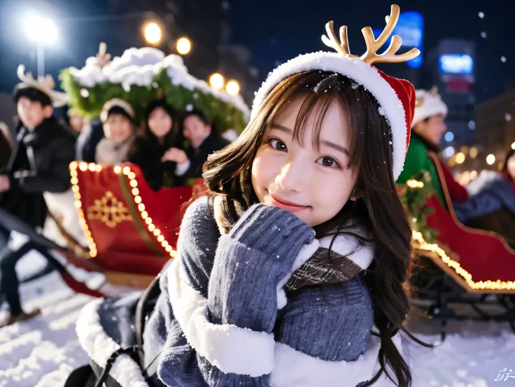  Santa with a cute face like an 18-year-old idol　 smiles gently　Whole body　((( super cute miniskirt Santa costume)))　Falling snow　Big city at night　((Ride a gorgeous sleigh drawn by a reindeer ))　live-action　live-actionと見分けが付かない高品質　High Artistic Quality　 r...