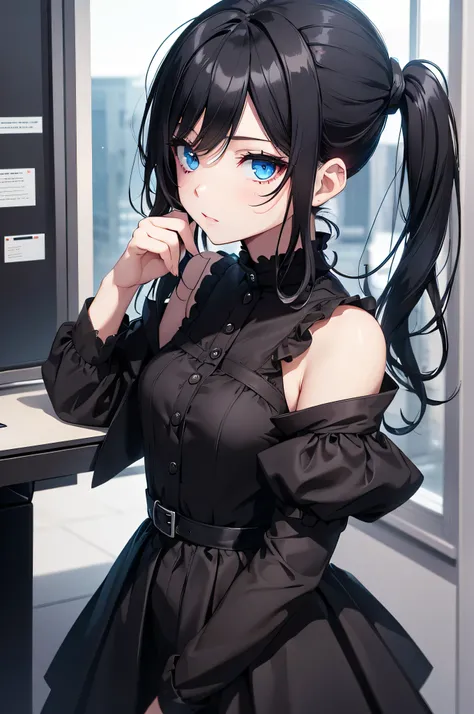 ((8K, Best Resolution, Perfect Resolution, High Quality, Advanced)) 1 Girl, Front Facing, Up Close, Petite, Black Hair, Pale Skin, Blue Eyes, Long Pigtails, Gothic, Cute, Cute Eyes, Gothic Dress, Inside Office, Japanese