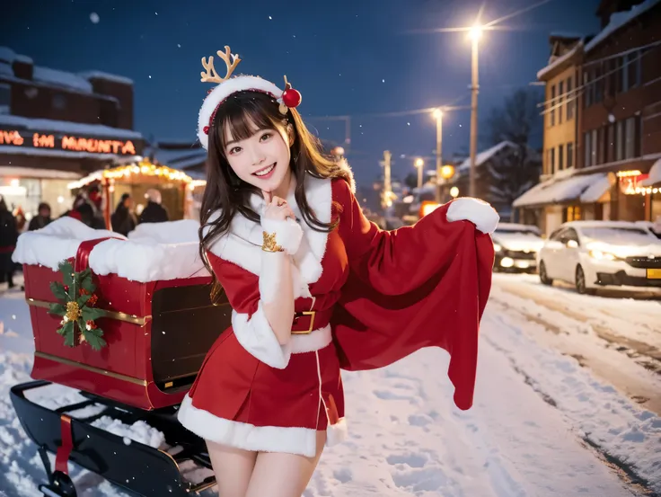  Santa with a cute face like an 18-year-old idol　 smiles gently　Whole body　(((Very cute red miniskirt Santa costume)))　Falling snow　Big city at night　((Ride a gorgeous sleigh drawn by a reindeer ))　live-action　live-actionと見分けが付かない高品質　High Artistic Quality　...