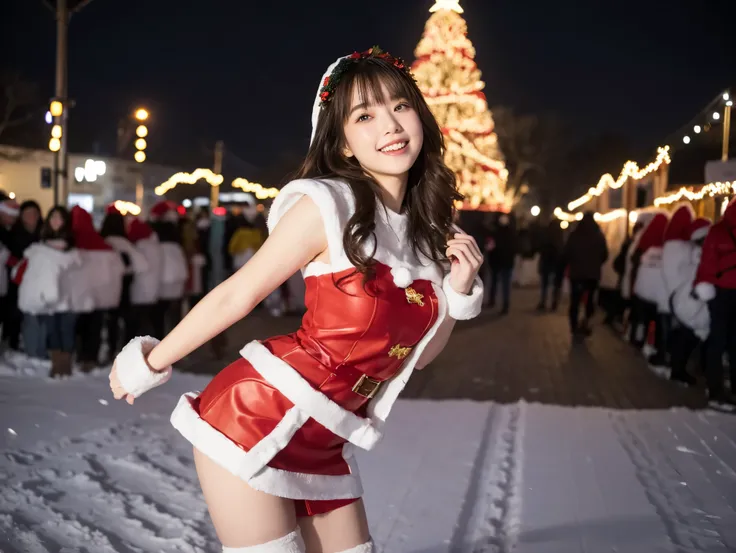  Santa with a cute face like an 18-year-old idol　 smiles gently　Whole body　(((Very cute red miniskirt Santa costume)))　Falling snow　Big city at night　(( BEAUTIFUL ILLUMINATIONS )) ((A Christmas tree with beautiful illumination)) live-action　live-actionと見分け...