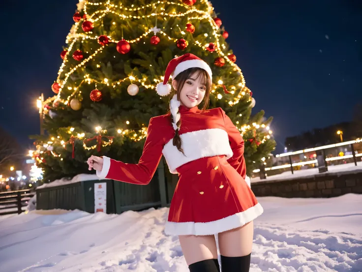  Santa with a cute face like an 18-year-old idol　 smiles gently　Whole body　(((Very cute red miniskirt Santa costume)))　Falling snow　Big city at night　(( BEAUTIFUL ILLUMINATIONS )) ((A Christmas tree with beautiful illumination)) live-action　live-actionと見分け...