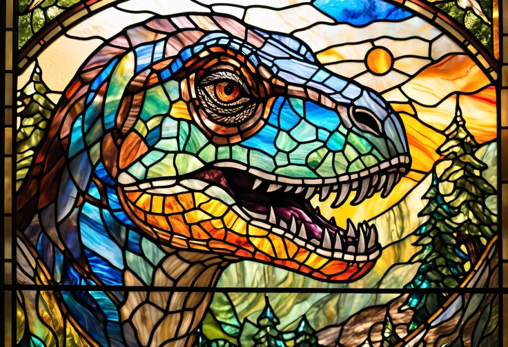 a close up of a  Stained Glass  picture of a dinosaur,  inspired by Adam Rex ,  Stained Glass  art, Dinosaur Trex , maxim verehin  Stained Glass ,  Jurassic images ,  tyrannosaurus rex,  tyrannosaurus,  fire stain glass  ,  Stained Glass !!,  tyrannosaurus...