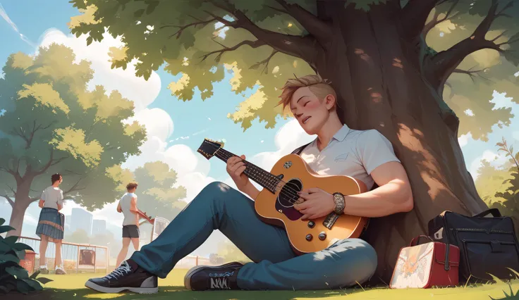 The boy sitting under a tree with a guitar, strumming softly, while a photo of the girl lies beside him.
