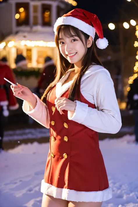  Santa with a cute face like an 18-year-old idol　 smiles gently　Whole body　(((Very cute red miniskirt Santa costume)))　Falling snow　Big city at night　(( BEAUTIFUL ILLUMINATIONS )) ((A Christmas tree with beautiful illumination)) live-action　live-actionと見分け...