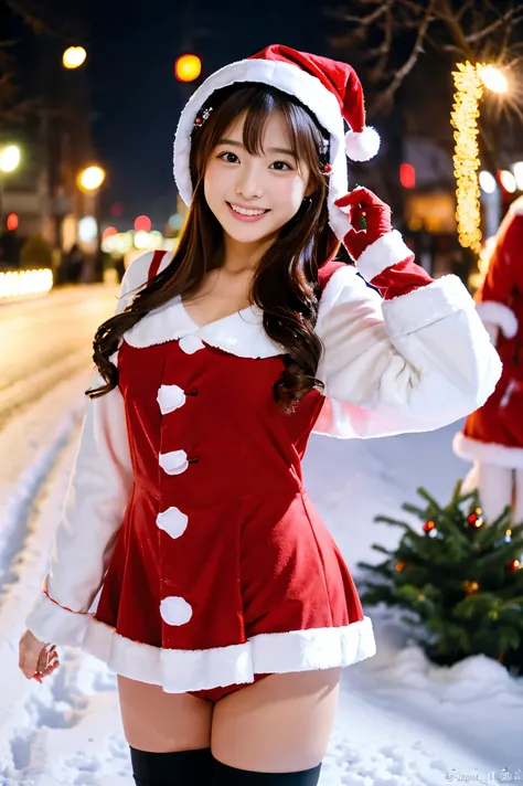  Santa with a cute face like an 18-year-old idol　 smiles gently　Whole body　(((Very cute red miniskirt Santa costume)))　Falling snow　Big city at night　(( BEAUTIFUL ILLUMINATIONS )) ((A Christmas tree with beautiful illumination)) live-action　live-actionと見分け...